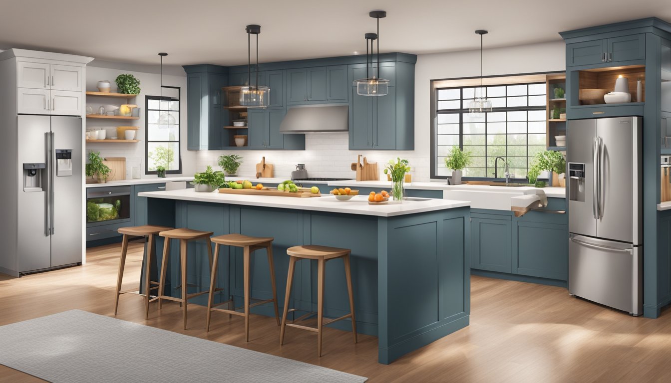 A family stands in a modern kitchen, comparing different styles and sizes of refrigerators. Bright lighting and clean countertops create a welcoming atmosphere