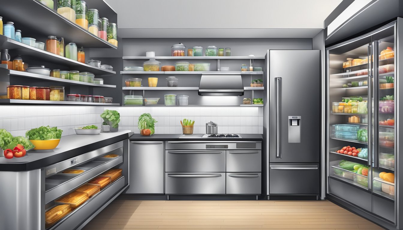 A kitchen with a variety of modern refrigerators on display, with different sizes, colors, and features. Shelves are stocked with food and drinks