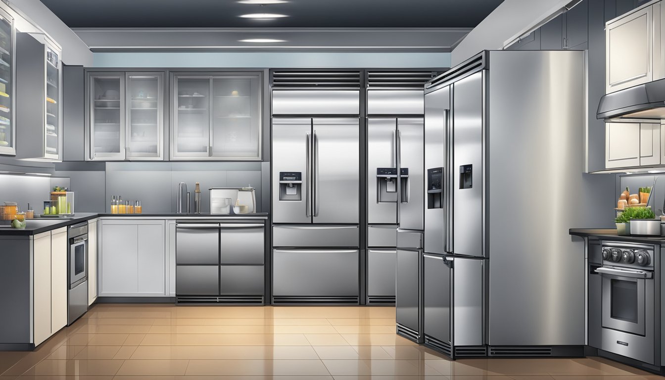 A variety of refrigerators displayed in a showroom with different sizes, styles, and features. Bright lighting highlights the sleek designs and modern technology